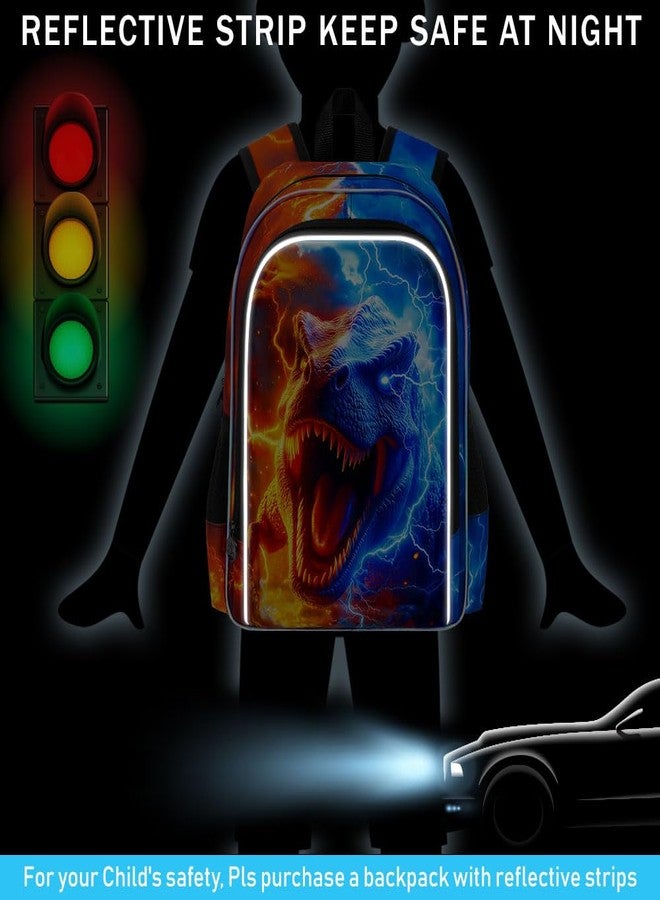 gxtvo 3PCS Dinosaur Bookbag for Boys, 17" Kids Backpack with Lunch Box, Water Resistant Middle Elementary School Bag - Fire & Lightning T. rex - Image 2