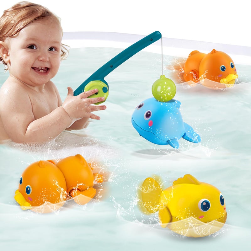 Dwi Dowellin Bath Toys for Toddlers, Magnetic Fishing Games Kids Bathtub Toys, Mold Free Wind-up Toys Swimming Fish Duck Whale Floating Water Toys for Kids Baby Infant - Image 1