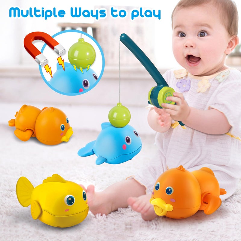 Dwi Dowellin Bath Toys for Toddlers, Magnetic Fishing Games Kids Bathtub Toys, Mold Free Wind-up Toys Swimming Fish Duck Whale Floating Water Toys for Kids Baby Infant - Image 2