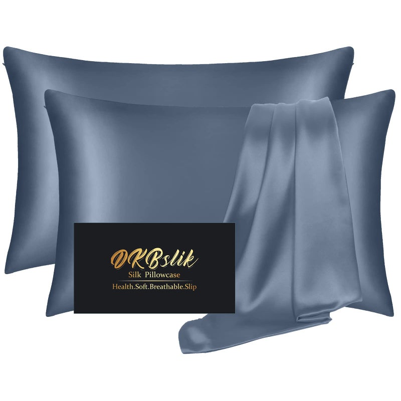 DKBslik Silk Pillowcase 2 Pack, Mulberry Silk Pillow Cases Queen Size Set of 2, Anti Acne Silk Pillowcase for Hair and Skin, Natural Silk Satin Pillowcases Gifts for Women 2 Pack with Hidden Zipper, Ash Blue - Image 1