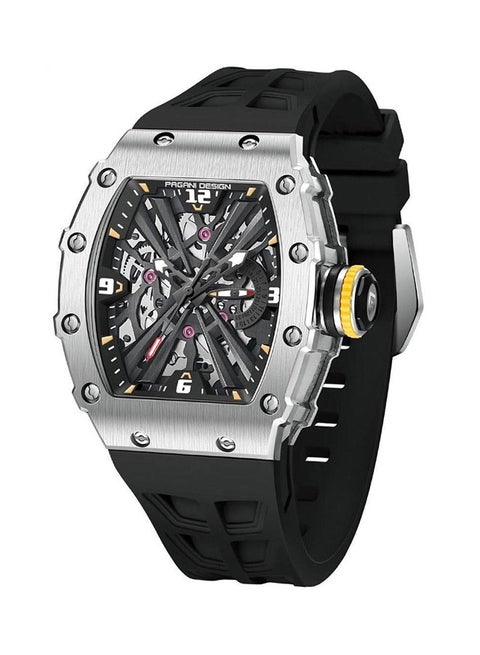 Men's Quartz Sports Watch Stainless Steel Watch 5atm Waterproof Watch Black Wristband Stainless Steel Case, Precise And Stable VH65 Quartz Movement, Crystal Mirror And Comfortable Rubber Strap.Watch PD-1738 Silver Black