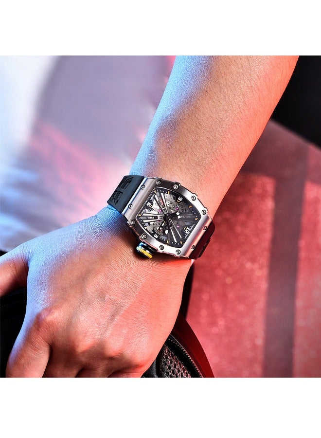 باغاني ديزاين ساعة كوارتز رياضية رجالية من الفولاذ المقاوم للصدأ ، ساعة مقاومة للماء 5 أتم ، سوار معصم أسود من الفولاذ المقاوم للصدأ ، حركة كوارتز دقيقة ومستقرة في إتش 65 ، مرآة كريستالية وحزام مطاطي مريح.ووتش بد-1738 الفضة الأسود - Image 4