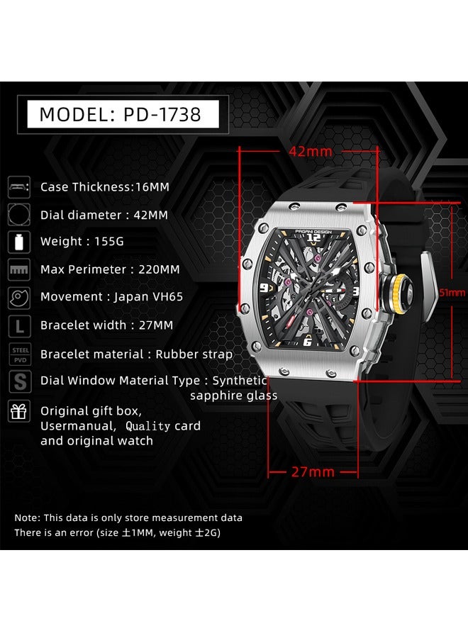 باغاني ديزاين ساعة كوارتز رياضية رجالية من الفولاذ المقاوم للصدأ ، ساعة مقاومة للماء 5 أتم ، سوار معصم أسود من الفولاذ المقاوم للصدأ ، حركة كوارتز دقيقة ومستقرة في إتش 65 ، مرآة كريستالية وحزام مطاطي مريح.ووتش بد-1738 الفضة الأسود - Image 5