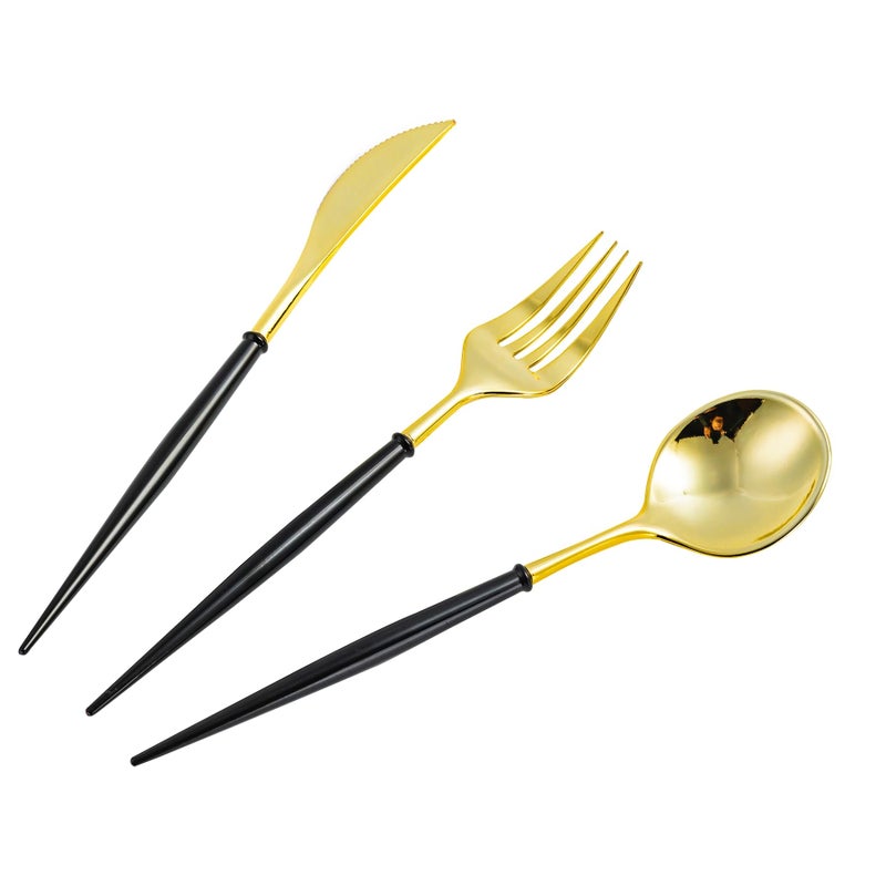 N9R Gold Plastic Cutlery Set - 90pcs with Black Handle - Fancy Plastic Silverware  Heavy Duty - 30 Spoons  30 Forks  30 Knives for Halloween and Everyday Use - Image 1