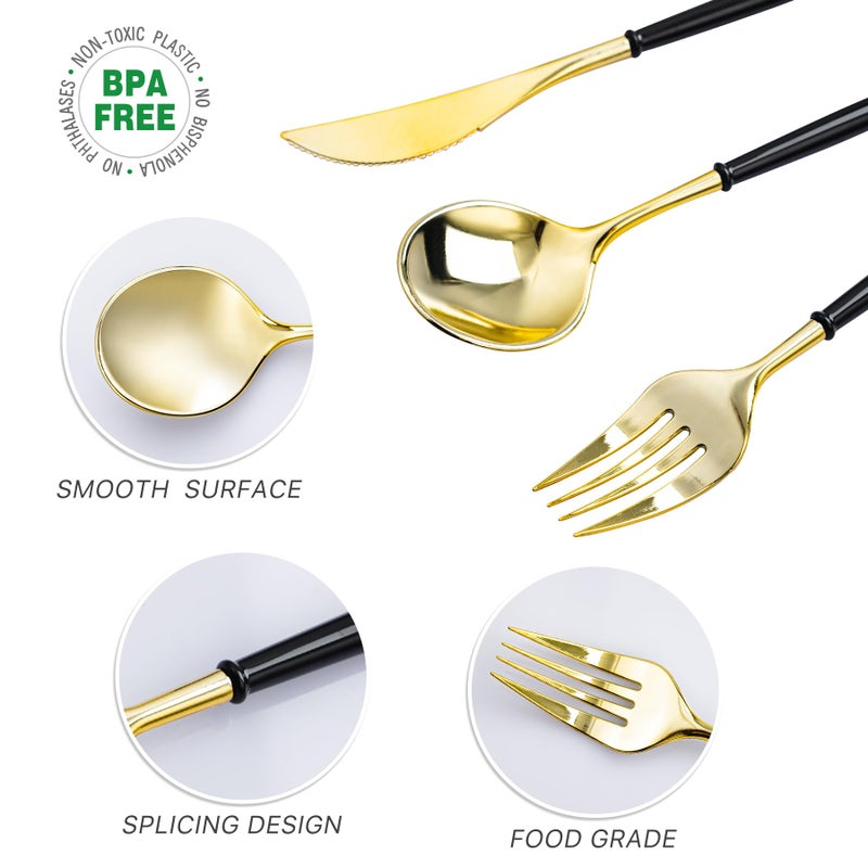 N9R Gold Plastic Cutlery Set - 90pcs with Black Handle - Fancy Plastic Silverware  Heavy Duty - 30 Spoons  30 Forks  30 Knives for Halloween and Everyday Use - Image 3