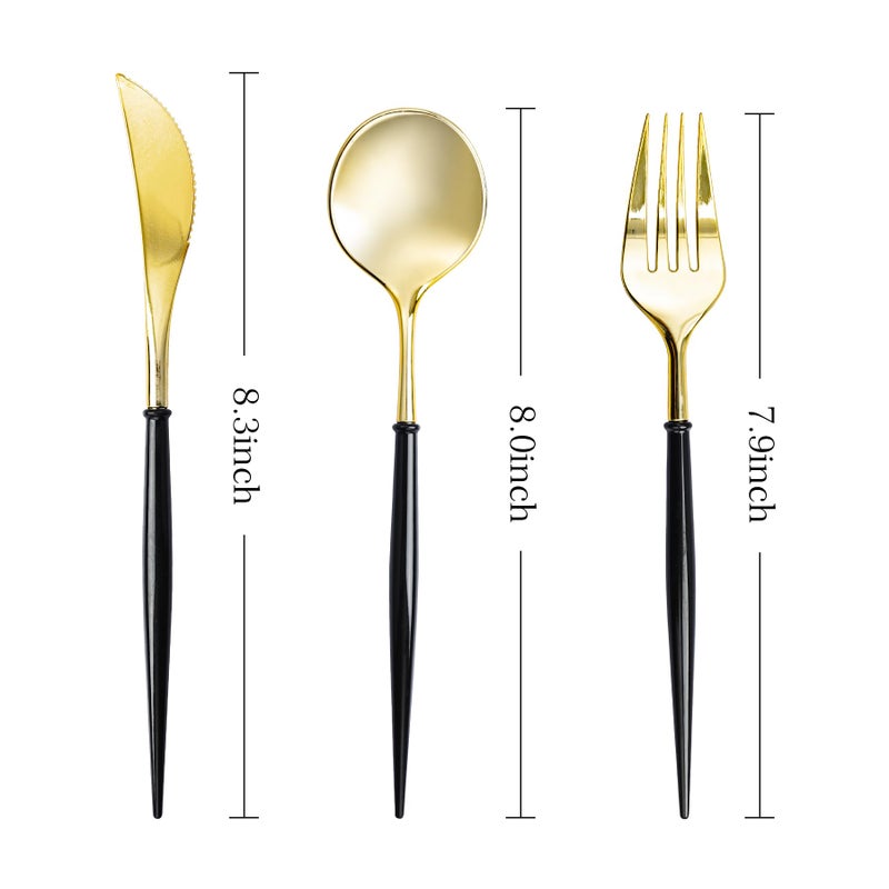 N9R Gold Plastic Cutlery Set - 90pcs with Black Handle - Fancy Plastic Silverware  Heavy Duty - 30 Spoons  30 Forks  30 Knives for Halloween and Everyday Use - Image 2