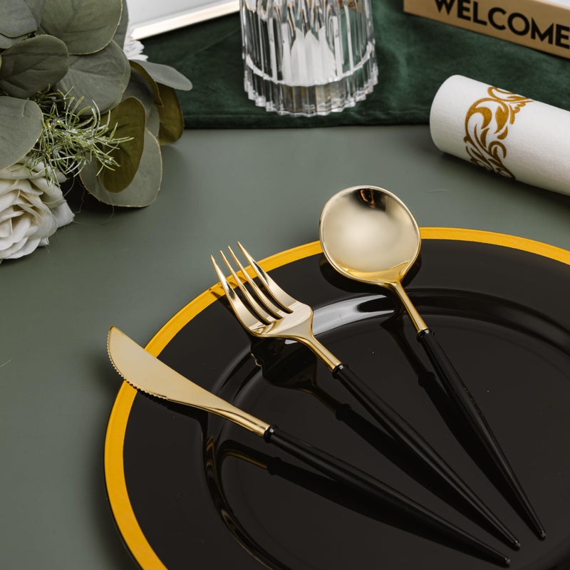 N9R Gold Plastic Cutlery Set - 90pcs with Black Handle - Fancy Plastic Silverware  Heavy Duty - 30 Spoons  30 Forks  30 Knives for Halloween and Everyday Use - Image 5