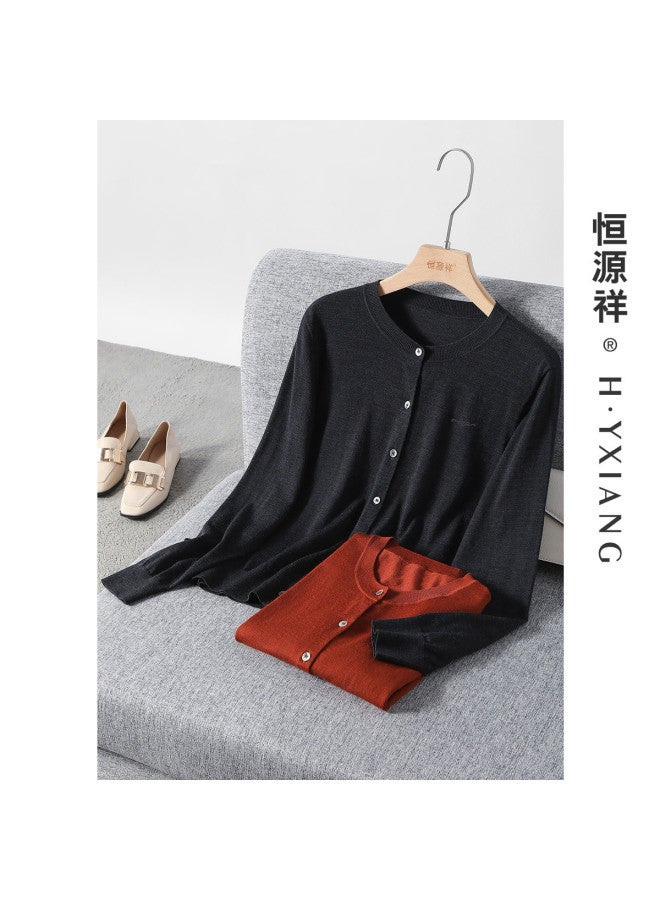 Hengyuanxiang Machine Washablewomen'S Wool Cardigan Round Neck Autumn Winter Solid Color Knitted Top Thin Style - Image 3