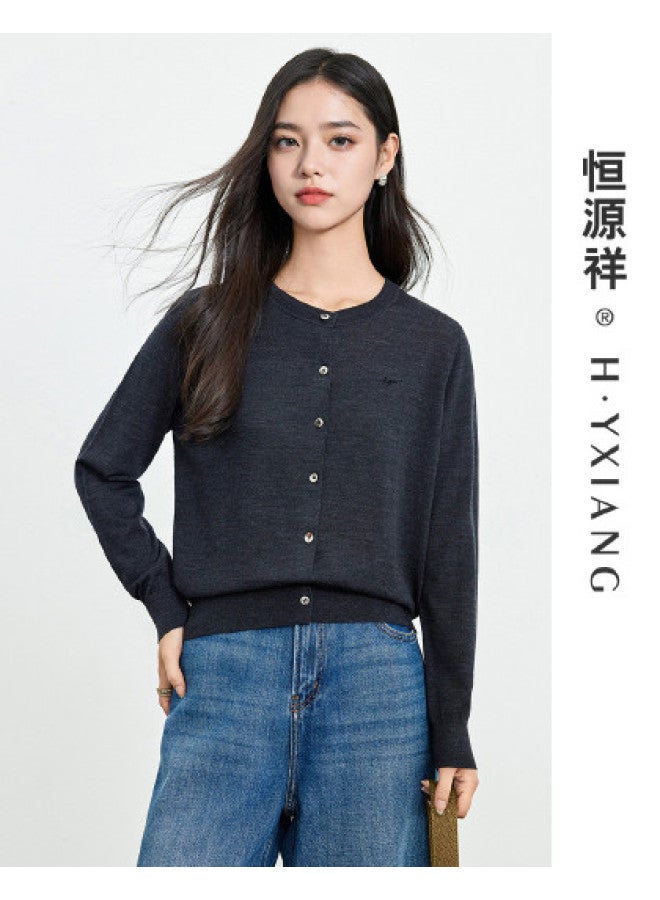 Hengyuanxiang Machine Washablewomen'S Wool Cardigan Round Neck Autumn Winter Solid Color Knitted Top Thin Style - Image 1