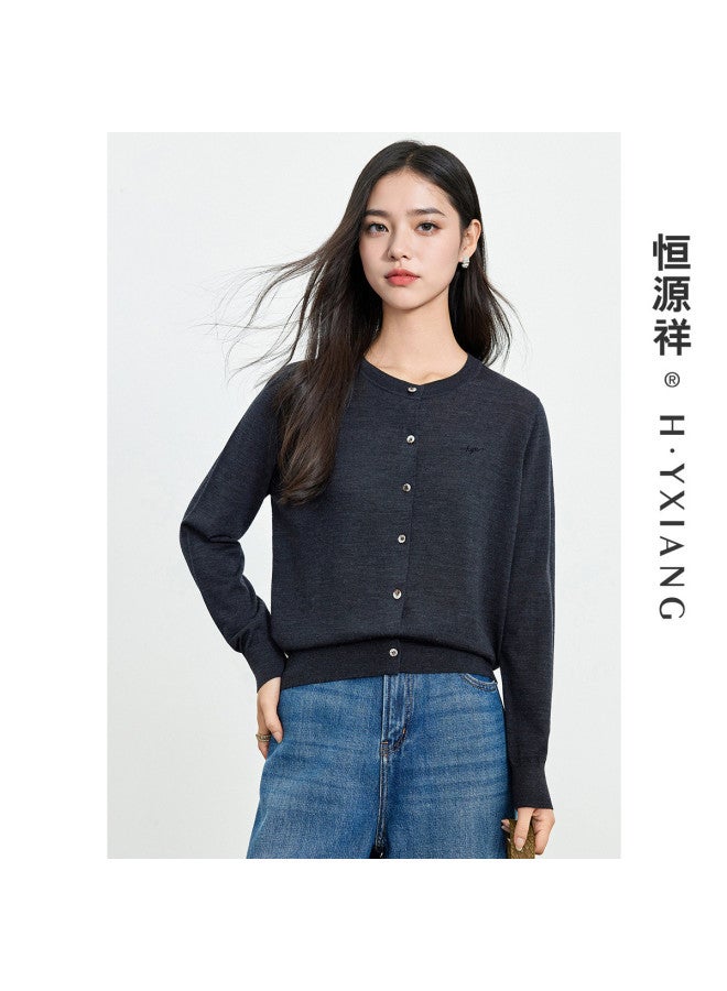 Hengyuanxiang Machine Washablewomen'S Wool Cardigan Round Neck Autumn Winter Solid Color Knitted Top Thin Style - Image 2