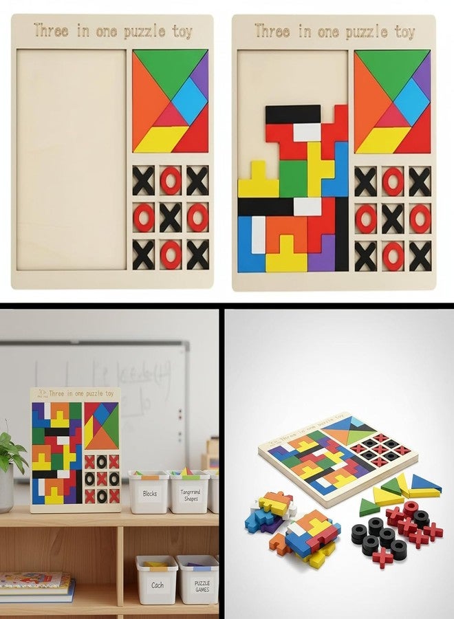 GaxQuly 3-in-1 Wooden Puzzle Board for Kids Children's Educational Colorful Square Tangram Game Chess Xo Tic-Tac-Toe Nine-Square Three-in-One Montessori Puzzle Set Building Blocks (Antique) - Image 2