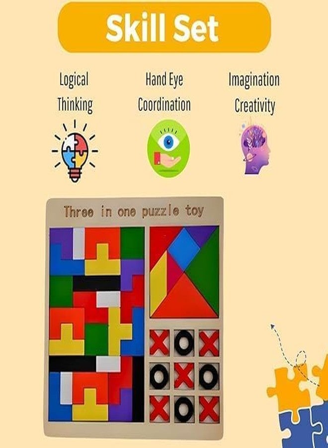 GaxQuly 3-in-1 Wooden Puzzle Board for Kids Children's Educational Colorful Square Tangram Game Chess Xo Tic-Tac-Toe Nine-Square Three-in-One Montessori Puzzle Set Building Blocks (Antique) - Image 4