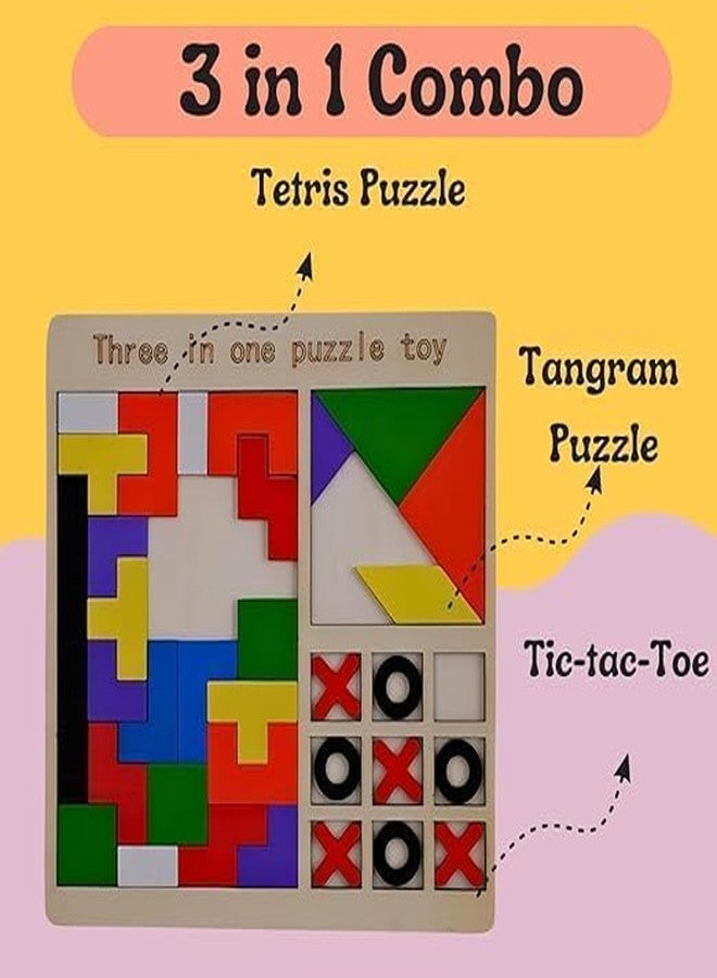 GaxQuly 3-in-1 Wooden Puzzle Board for Kids Children's Educational Colorful Square Tangram Game Chess Xo Tic-Tac-Toe Nine-Square Three-in-One Montessori Puzzle Set Building Blocks (Antique) - Image 3