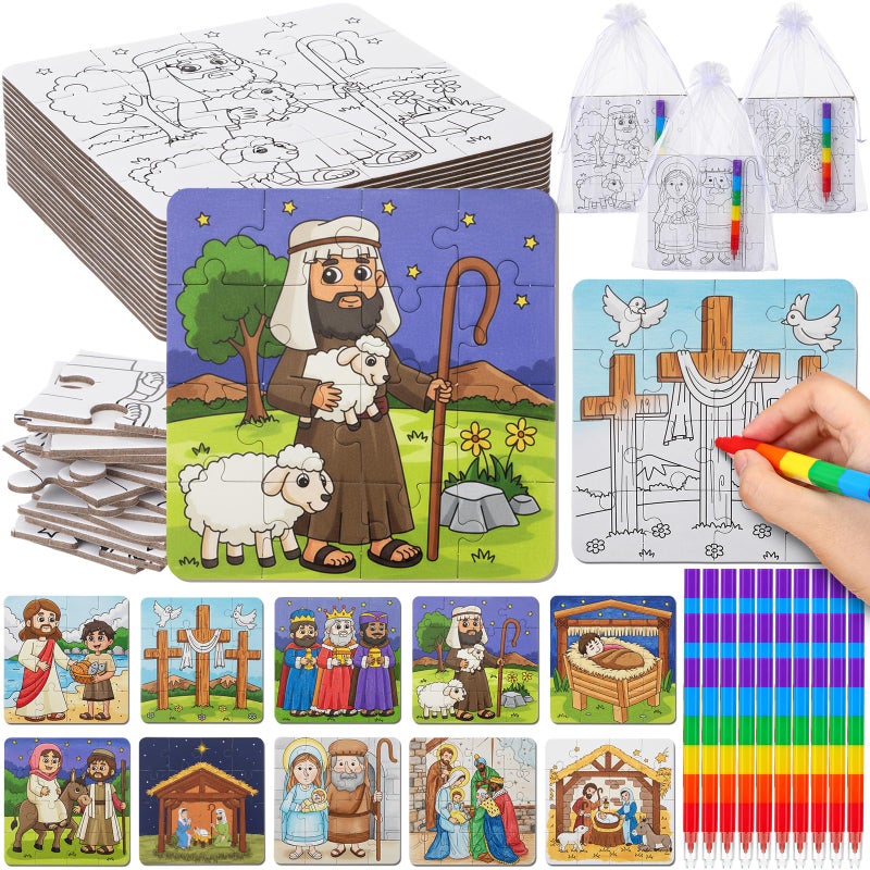 Arrowbash 30 Pack Color Your Own Nativity Scene Jigsaw Puzzles for Kids Stackable Crayons Gift Bag DIY Religious Christmas Craft Paper Puzzle to Draw on - Image 3