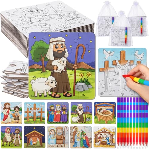 Arrowbash 30 Pack Color Your Own Nativity Scene Jigsaw Puzzles for Kids Stackable Crayons Gift Bag DIY Religious Christmas Craft Paper Puzzle to Draw on - Image 1