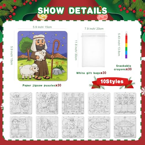Arrowbash 30 Pack Color Your Own Nativity Scene Jigsaw Puzzles for Kids Stackable Crayons Gift Bag DIY Religious Christmas Craft Paper Puzzle to Draw on - Image 5