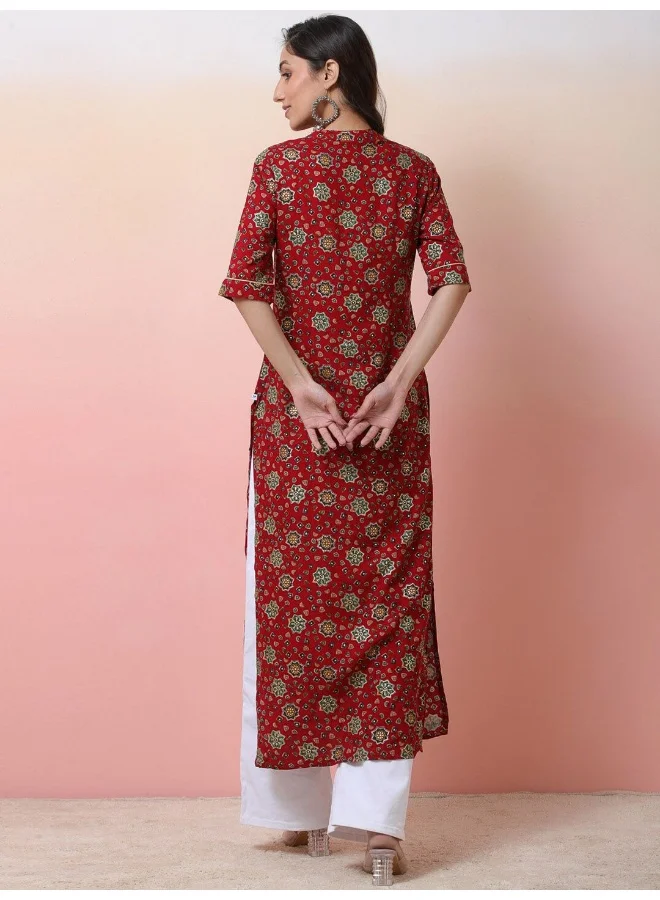 AKS Red Button down Kurta with Foil print