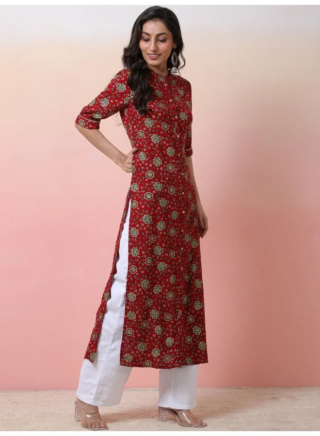 AKS Red Button down Kurta with Foil print