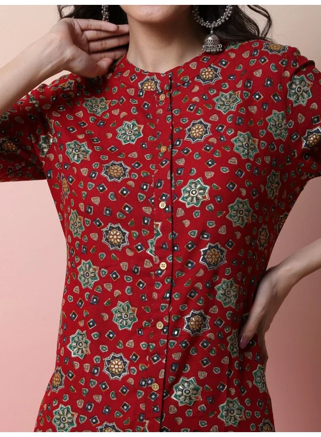 AKS Red Button down Kurta with Foil print
