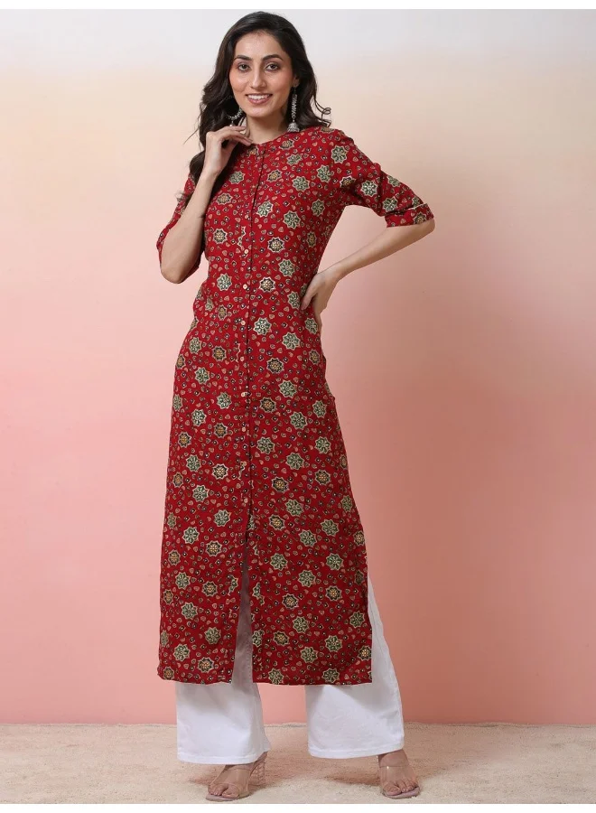 AKS Red Button down Kurta with Foil print