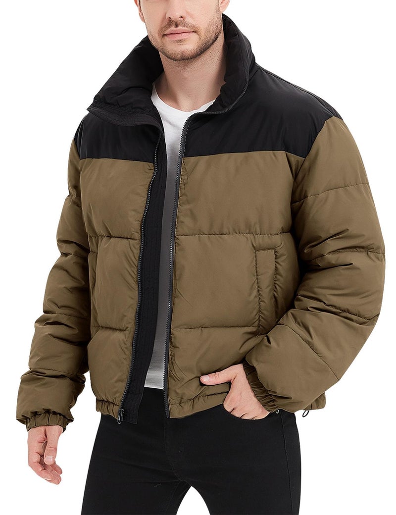 جاكيت بافر للرجال من فليغو معاطف شتوية مقاومة للماء بأكمام طويلة بسحاب خفيف الوزن معزولة بالداون داكن كاكي M