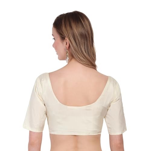 JISB Silk Cotton Saree Blouse, Elbow Length Sleeves, Round Neck, Front Hook and Eye (Cream, 4XL) - Image 3