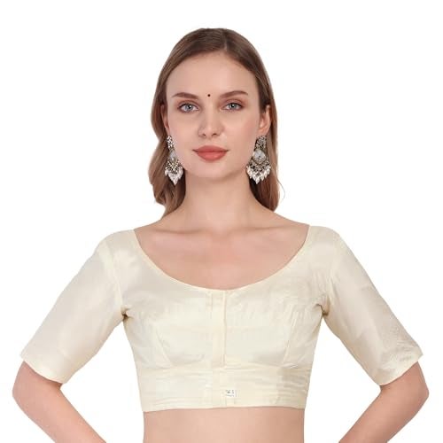 JISB Silk Cotton Saree Blouse, Elbow Length Sleeves, Round Neck, Front Hook and Eye (Cream, 4XL) - Image 1