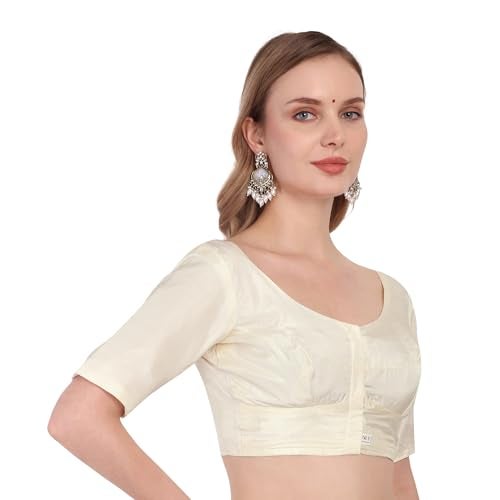JISB Silk Cotton Saree Blouse, Elbow Length Sleeves, Round Neck, Front Hook and Eye (Cream, 4XL) - Image 2