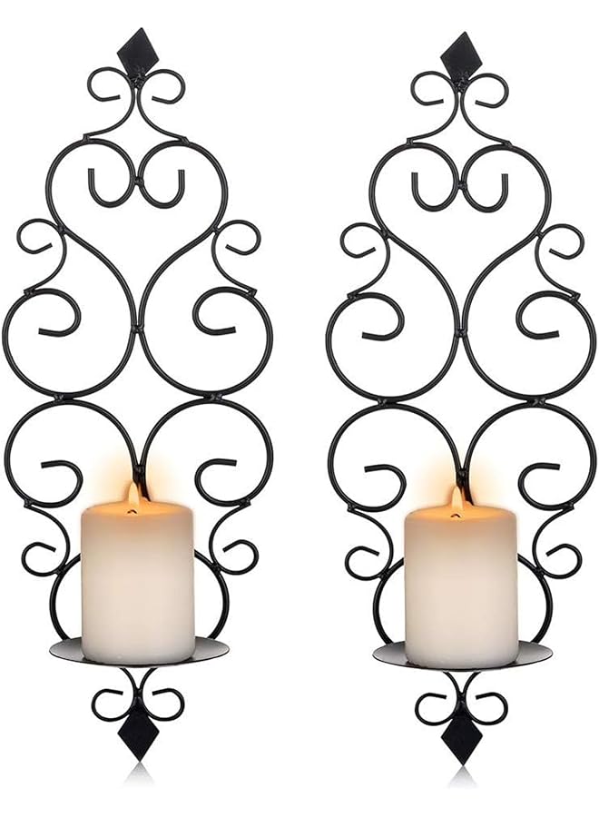 The Bros Iron Wall Candle Sconce Holder Set of 2 Hanging Wall Mounted Pillar Candle Sconces Holder, Wall Sconces Decor for Bedroom Dining Room (Black) - Image 1