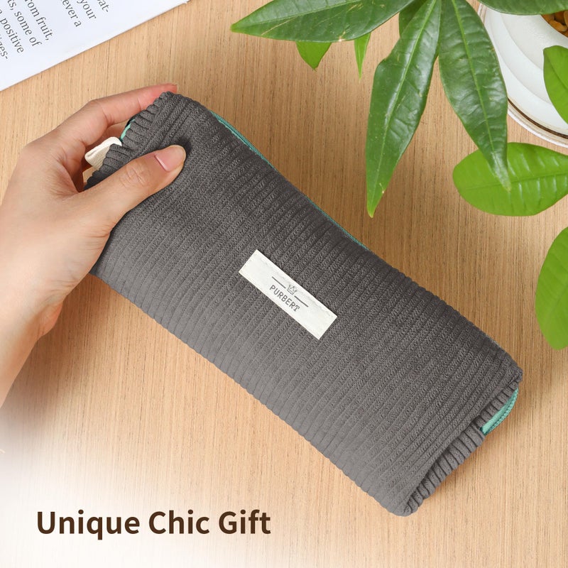 Purbert Pencil Bag Pen Case, Soft Corduroy Small Pencil Pouch Organizer with Zipper, Cute Pencil Case Pouch Stationery for Girls and Boys â€“ Grey - Image 2