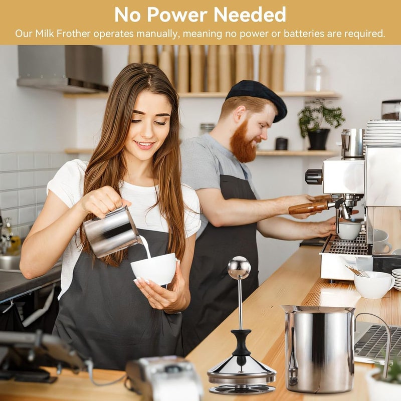 Bitnex خلاط حليب بخار من الفولاذ المقاوم للصدأ، خلاط قهوة، 400 مل، ماكينة رغوة كابتشينو يدوية للمشروبات الساخنة والباردة مع مهوى مزدوج، مقبض وغطاء - Image 3