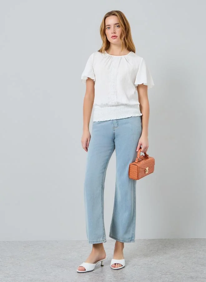 Take Two Women White Textured Short Sleeve Top