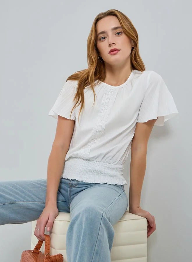 Take Two Women White Textured Short Sleeve Top