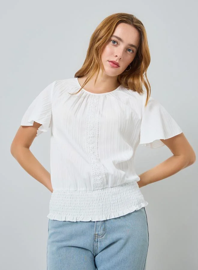 Take Two Women White Textured Short Sleeve Top