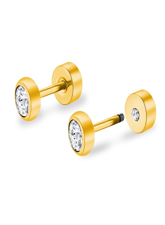 ZDE Titanium Women Flatback Earrings for Women Crystal Gold Stud Earrings Flat Back Earrings Hypoallergenic Cartilage Earring Helix Tragus Conch Piercing (Crystal-Gold, 5MM) - Image 1