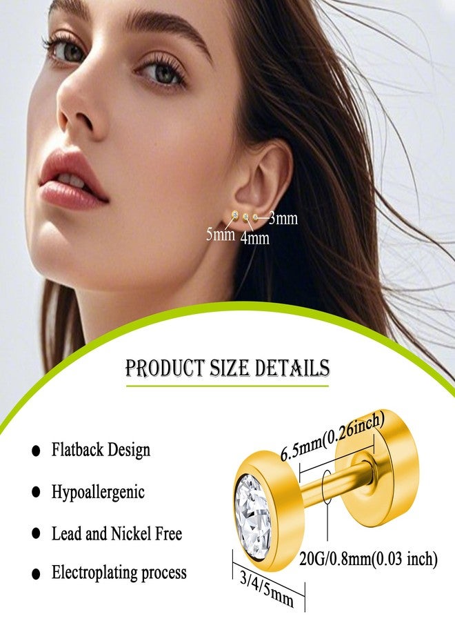 ZDE Titanium Women Flatback Earrings for Women Crystal Gold Stud Earrings Flat Back Earrings Hypoallergenic Cartilage Earring Helix Tragus Conch Piercing (Crystal-Gold, 5MM) - Image 2