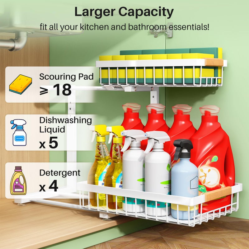 Kitstorack Under Sink Organizer, 2 Tier Under the Sink Storage, Slide out Pull out Cabinet Organizer Shelf, Metal Sliding Drawer for Kitchen Bathroom Pantry Closet Organization Rack, White, 1 Pack - Image 3
