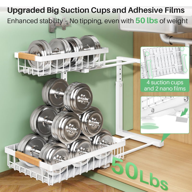 Kitstorack Under Sink Organizer, 2 Tier Under the Sink Storage, Slide out Pull out Cabinet Organizer Shelf, Metal Sliding Drawer for Kitchen Bathroom Pantry Closet Organization Rack, White, 1 Pack - Image 4