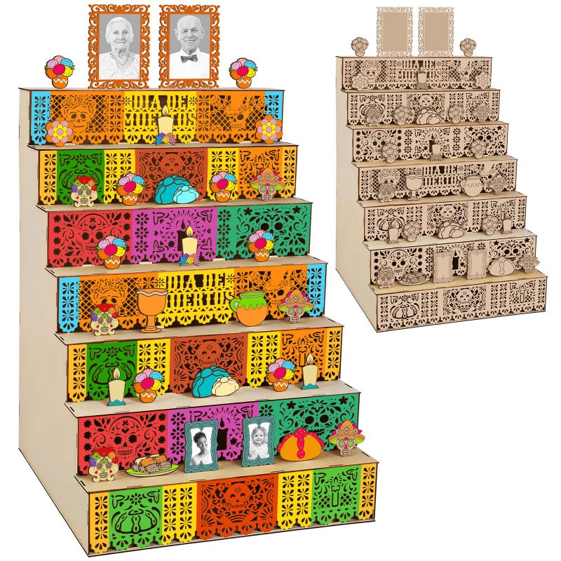 Colingmill Dia De Los Muertos Altar Ofrenda Wooden Box Decorations Set 7 Tier Day of The Dead Shadow Box with Photo Frame Remembrance Memory Gift for Home Halloween Party SuppliesClassicLarge - Image 2