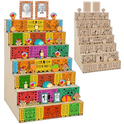 Colingmill Dia De Los Muertos Altar Ofrenda Wooden Box Decorations Set 7 Tier Day of The Dead Shadow Box with Photo Frame Remembrance Memory Gift for Home Halloween Party SuppliesClassicLarge - Image 1