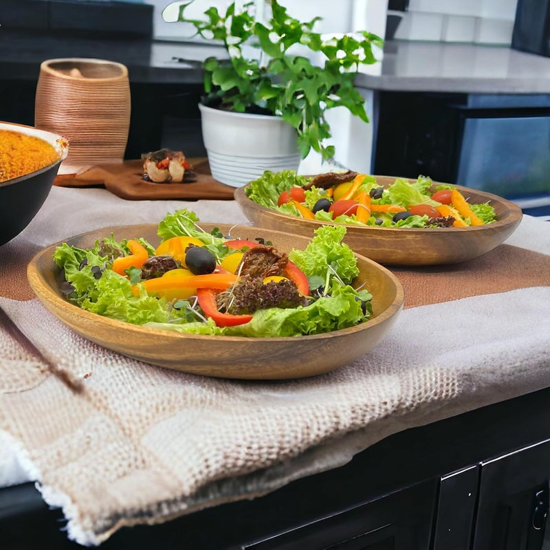 WRIGHTMART Acacia Wood Bowl Oval Set of 2 Decorative Rustic Table  Countertop Serving Dish for Food Salad Fruit Bread Use as Storage Bowls for Jewelry Keys or Coins Size 1075 x 7 x 15 - Image 2