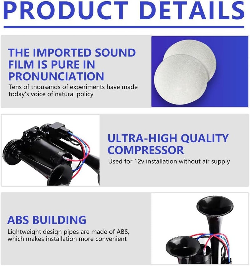 Gobesty Air Horn 12V, 600DB Super Loud Car Horn, Double Tube Train Horn with Compressor, Airhorn for Truck, Train, Car, Van (Black) Matte anti slip finish - Image 3