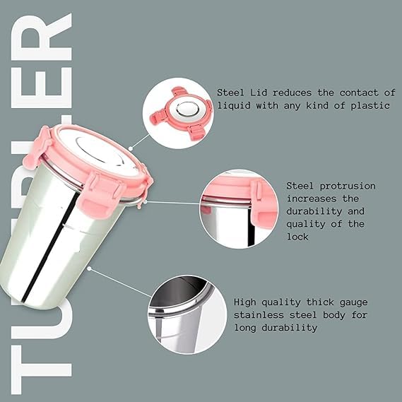 Dezva Stainless Steel 2 in 1 for Traveling Tiffin for Coffee Tea Beer Milk Lassi Butter Milk Juice Glass Tumbler with Airtight Lid Cap Fusion Bottle 400 ml 600 mlExtra Lock - Image 4