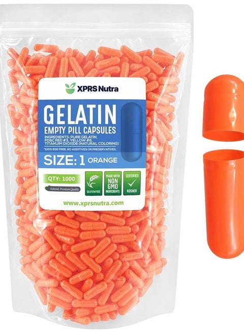 Size 1 Empty Capsules - 1000 Count Empty Gelatin Capsules - Empty Pill Capsules - DIY Capsule Filling - Pure Bovine Pill Capsules Empty Gel Caps (Orange)