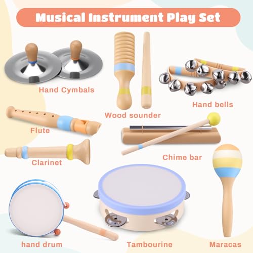 MGparty Baby Musical Instruments for Toddlers 13 Montessori Wooden Music Set with Drum Flute Clarinet Bells Cymbals Toddler Musical Instruments Educational Kids Toys Birthday Gifts for Boys Girls - Image 5