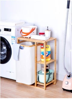 XiuWoo Bamboo Laundry Hamper with Shelf,  Wooden Laundry Basket with Sliding Removable Bags, Freestanding Laundry Sorter for Bathroom Bedroom Living Room Laundry Room, White Pull-Out Bags  - Image 3