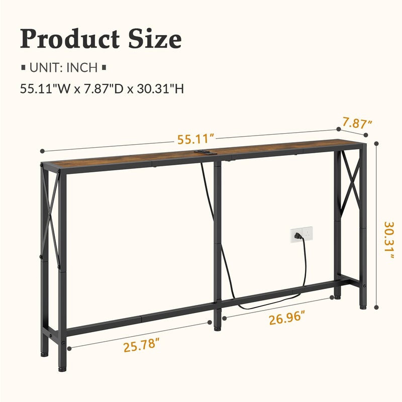 Gewudraw Console Table with Oulets and USB Ports, 55.1" Sofa Table Behind Couch, Industrial Long Skinny Stand for Hallway, Living Room, Bedroom, 6.5 Feet Power Cord, Rustic Brown - Image 3