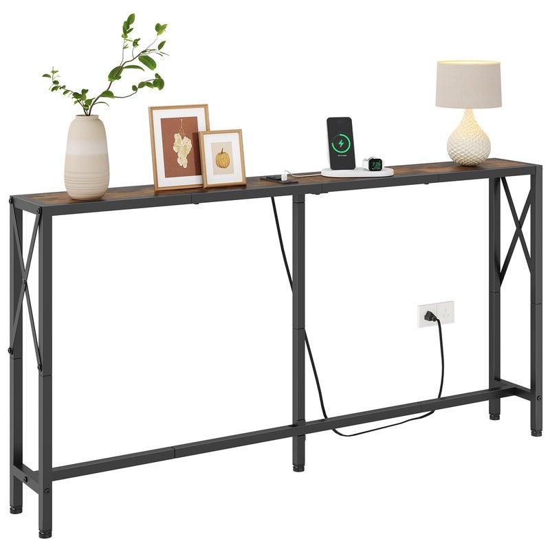 Gewudraw Console Table with Oulets and USB Ports, 55.1" Sofa Table Behind Couch, Industrial Long Skinny Stand for Hallway, Living Room, Bedroom, 6.5 Feet Power Cord, Rustic Brown - Image 1