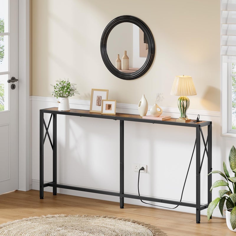 Gewudraw Console Table with Oulets and USB Ports, 55.1" Sofa Table Behind Couch, Industrial Long Skinny Stand for Hallway, Living Room, Bedroom, 6.5 Feet Power Cord, Rustic Brown - Image 2
