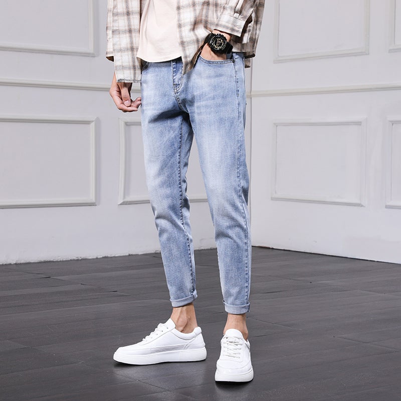 Generic Jeans Mens Pants Mens 2021 Spring and Autumn Korean Fashionable Ripped Slim-fit Ankle-length Pants Mens Skinny Pants 303 gray blue 